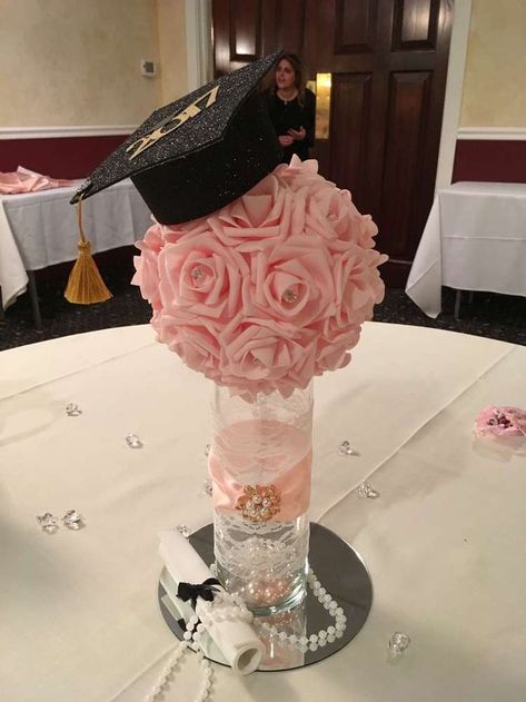 Yasmeen's Elegant Graduation 2017 | CatchMyParty.com Pink Graduation Party, College Graduation Party Decorations, Diy Fotokabine, Graduation Candy Buffet, Graduation Party Table, Outdoor Graduation Parties, Senior Graduation Party, Graduation Party High, Graduation Tables