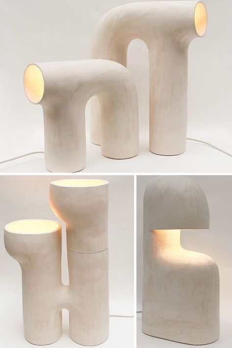 Artistic Product Design, Neutral Natural Home Decor, Abstract Table Lamp, Handbuilt Ceramic Lamp, Curved Product Design, Ceramic Pendant Lamp, 3d Print Lighting, Ceramic Light Sculpture, Abstract Ceramic Sculpture Ideas