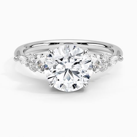 Brilliant Earth Three Diamond Engagement Rings With Band, Silver Three Stone Engagement Rings, 3 Stone Round Engagement Ring, Round Diamond Settings, Round Three Stone Engagement Ring, Lab Created Diamond Rings Engagement, Three Stone Diamond Rings Engagement, Round Engagement, Gray Diamond