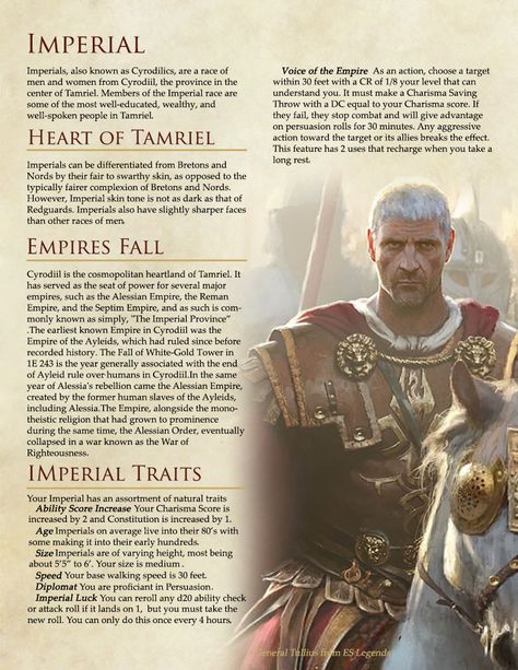 The Elder Scrolls Races in DnD Version 2  - Album on Imgur Imperial Skyrim, Skyrim Dnd, Skyrim Races, Dnd Shenanigans, Skyrim Lore, Homebrew Races, Elder Scrolls Races, Imperial Legion, Elder Scrolls Lore