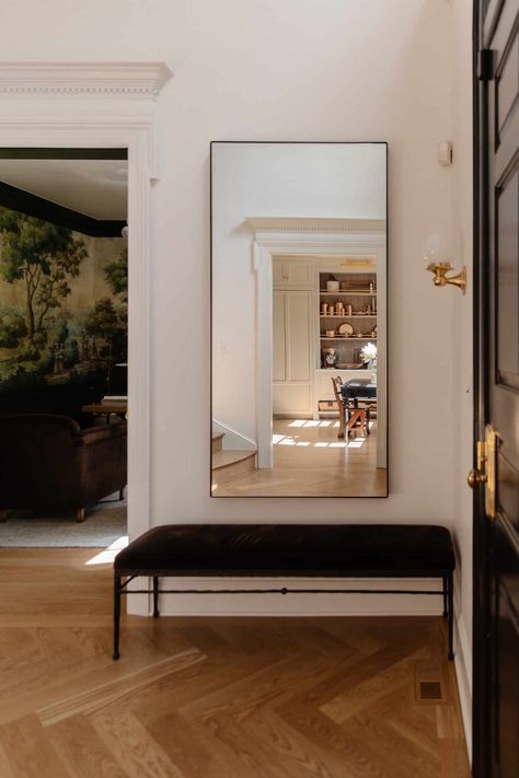 Tall Ceiling Entryway, Mirror Nook, Lemongrass Beef, Witchy House, Floor Length Mirror, Entry Mirror, Room Dark, Stone Exterior, Modern Colonial