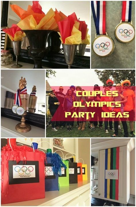 Couples Olympics Theme Party for Adults Couples Olympics, Theme Party For Adults, Wedding Olympics, Olympic Decorations, Olympics Party Ideas, Olympic Party Games, Olympic Party Decorations, Backyard Olympics, Beer Olympics Party