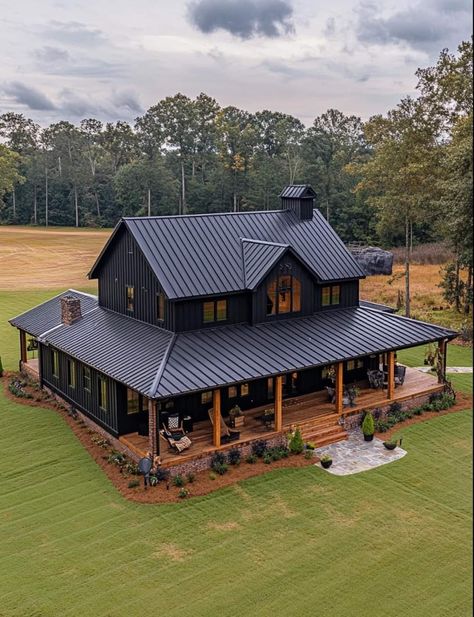 Dark Modern Farmhouse Exterior, Elevated Cabin, Tin Roof House, Bbq With Friends, Large Porch, Black Barndominium, Ranch House Exterior, Ranch House Decor, Barn House Design