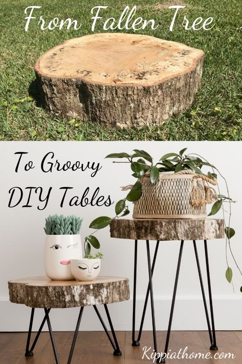 Tree Stump Slices Ideas, Making Tables Out Of Wood, Tree Slice Plant Stand, Tree Slice Art, Diy Live Edge, Diy Farmhouse Ideas, Live Edge Tables, Woodworking Project Ideas, Tree Slice