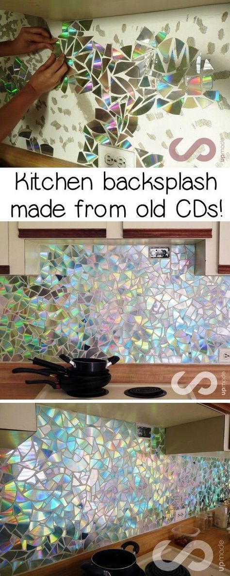 This backsplash idea was made from old CDs! What a great recycling project for the home! Upcycling at it's finest. A fun and gorgeous way to recycle old CDs. #recycling #upcycling #projects #homedecor #backsplash #cds #crafts #instrupix #kitchendecor Cute Diy Crafts, Recycled Cds, Recycled Decor, Old Cds, Cd Crafts, Upcycle Decor, Upcycled Home Decor, Recycled Projects, Diy Recycle