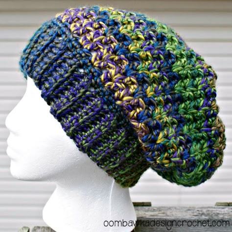 Slouch Hat Free Pattern @OombawkaDesign Slouch Hat Pattern, Slouch Hats, Crochet Adult Hat, Crochet Slouch Hat, Crochet Slouchy Hat, Unique Yarn, Crochet Hat Patterns, Crochet Beanies, Design Crochet