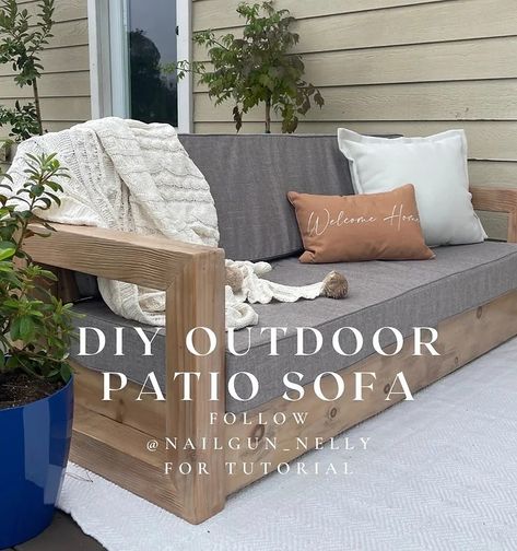 DIY Outdoor Patio Sofa - Nailgun Nelly DIY Home Patio Sofa Diy, Farmhouse Outdoor Furniture, Outdoor Couch Diy, Outdoor Sofa Diy, Outdoor Patio Sofa, Patio Couch, Diy Porch, Porch Furniture, Diy Couch