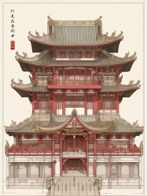 Japanese Fantasy Architecture, Chinese Temple Architecture, Asian Buildings Architecture, Chinese Traditional Building, Japanese Style Building, Japanese Architecture Drawings, Asian Palace, Tang Dynasty Architecture, Temple Chinese