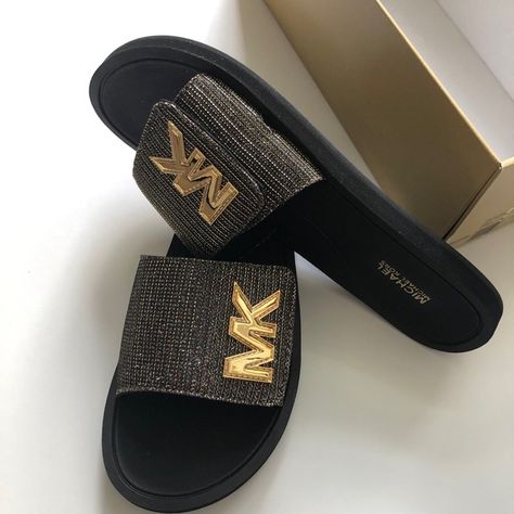 MICHAEL KORS  SLIDES Michael Kors Slippers, Mk Slippers, Mk Slides, Michael Kors Slides, Designer Wedges, Dress And Sneakers, Dress And Sneakers Outfit, Soul Contract, Michael Kors Sandals