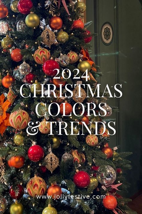 Best Christmas Tree Color Schemes, Multi Colored Lights Christmas Tree Ideas, Trending Christmas Tree Decor 2024, Christmas Tree Decor Color Ideas, Green Red And Pink Christmas, Christmas Tree Ornaments Color Scheme, Beautiful Christmas Decor, Popular Christmas Tree Themes 2024, Non Traditional Christmas Color Palette