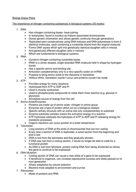 A level AQA-A-Level-Biology-Essay-Plans - Biology Essay Plans The importance of nitrogen containing - Studocu As Level Biology, Aqa A Level Biology, A Level Biology Notes Aqa, Essay Plan, A Level Biology, Queen's University, Biology Facts, Cell Biology, Biology Notes