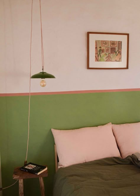 Paint Ideas : 10 Room Ideas That Will Convince You To Split Your Walls Into Two Colors | Oh Decor Block Color Wall Paint, Pink Bedding Green Walls, Statement Wall Bedroom Paint, Paint Wall Treatments, 3 Color Room Paint Ideas, Painting Rental Apartment, Green Half Wall Paint, Colourful Bedroom Walls, Painting And Decorating Ideas