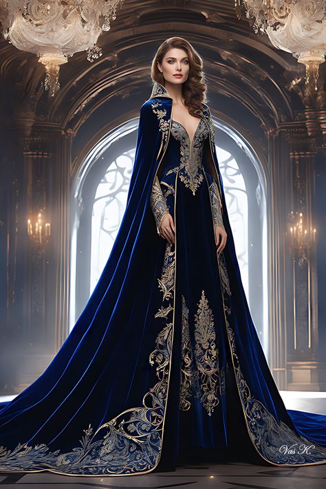 Royal blue, Vas K. Royal Dresses Queens, Blue Fantasy Dress, Queen Outfits Royal, Female Mage, Queen Gown, School Of Magic, Queen Outfits, Old Fashion Dresses, Fantasy Dresses