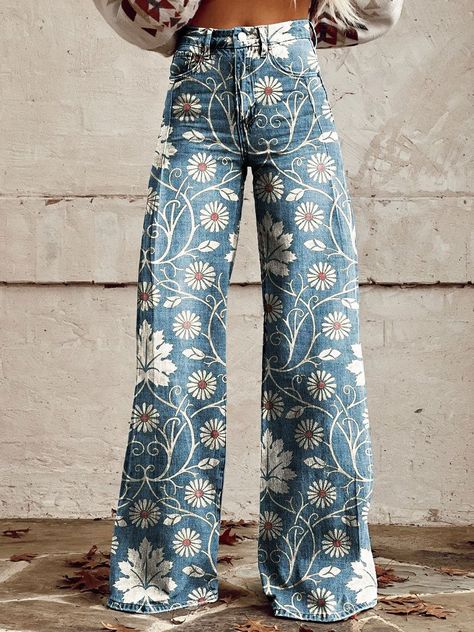 Women's Vintage Print Casual Wide Leg Pants Estilo Hipster, Mode Hippie, Casual Wide Leg Pants, Printed Jeans, Bell Bottom Pants, Outfit Casual, Casual Jeans, Flare Pants, Vintage Prints