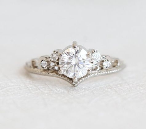 Beautiful vintage inspired round moissanite ring with diamonds Avaliable in 14 and 18k gold, platinum. Please select engagement ring or WHOLE SET option from the drop down menu. Other stones are also available: morganite, opal, pearl, turquoise, diamond, rose cut diamond, black diamond, Platinum Engagement Rings Vintage, Pretty Engagement Rings, Classic Wedding Ring, Vintage Inspired Engagement Rings, Round Moissanite Engagement Ring, Engagement Rings Vintage, Vintage Inspired Rings, Moissanite Bridal Sets, Oval Cut Engagement Ring