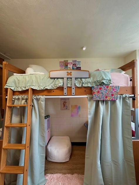 High Dorm Room Bed, Lofted Dorm Bed With Curtains, Dorm Under Bed Ideas, University Of Michigan Dorm Room, Dorm Mega Bed, Dorm Lofted Bed Ideas, Umich Dorm Room, Dorm Closet Aesthetic, College Dorm Room Ideas Lofted Beds Aesthetic