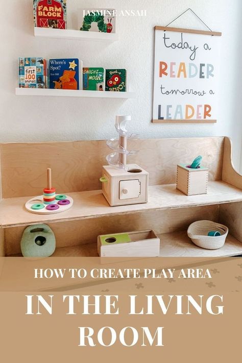 Combined Living And Play Area, Montessori Playroom Living Room, Ikea Play Area In Living Room, Behind The Couch Play Area, Montessori Living Room Play Area, Playing Area In Living Room, Creating A Play Area In Living Room, How To Create A Play Area In Living Room, Montessori Play Corner Living Room