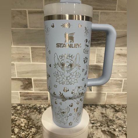 Stanley Cups Decorated, Cute Stitch Things, Disney Stanley Cup, Bluey Stanley, Disney Stuff To Buy, Stitch Stanley Cup, Laser Engraved Cups, Cute Disney Stuff, Custom Stanley Tumbler