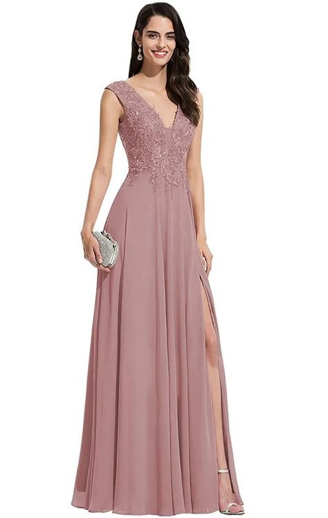 Pin on Products Dusty Rose Bridesmaid Dresses, Dresses V Neck, Floral Prom Dresses, Long Formal Gowns, Maid Of Honour Dresses, Prom Dresses With Pockets, Long Prom Gowns, Chiffon Bridesmaid Dresses, Evening Party Gowns