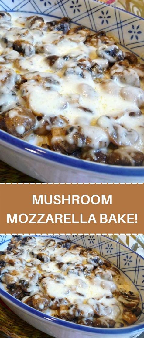 MUSHROOM MOZZARELLA BAKE! Mushroom Pasta Side Dish, Mushroom Mozzarella Pasta, Italian Baked Mushrooms, Parmesan Mushroom Casserole, Can Mushroom Recipes, Creamy Mushroom Casserole, Cheesy Mushroom Casserole, Side Dish With Mushrooms, Mushroom Mozzarella Bake