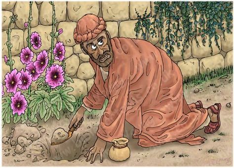 Matthew 25 - Parable of the talents - Scene 03 - One talent buried Bible Cartoon, Seek First The Kingdom, Parable Of The Talents, Bag Of Gold, Gospel Bible, Matthew 6 33, Matthew 25, Kingdom Of God, Bible Images