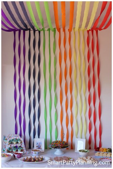 Rainbow party backdrop #Rainbow #BackdropDecoration.  Possible with tulle also. Pride Brunch, Birthday Decoration Ideas, Rainbow Parties, Decoration For Ganpati, Easy Birthday, Rainbow Birthday Party, Diy Birthday Decorations, Rainbow Decorations, Rainbow Theme