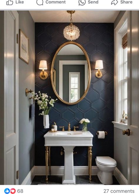 Subway Tile Powder Room Wall, Navy Blue Powder Room, Bathroom Design Blue, Blue Guest Bathroom, Small Powder Bathroom, Small Powder Bathroom Ideas, Blue Powder Room, Powder Bathroom Ideas, Elegant Bathroom Ideas