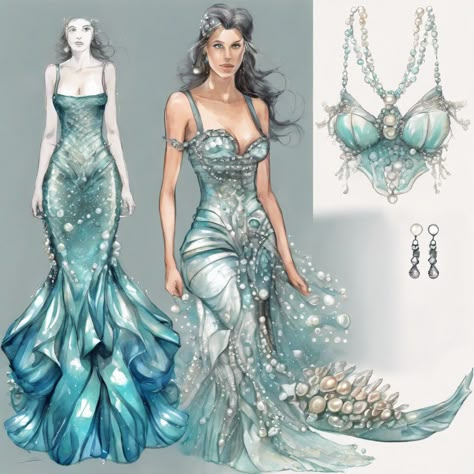 Ocean Dress Design, Ocean Themed Dresses, Ocean Theme Fashion, Water Outfit Ideas, Mermaid Dress Sketch, Ocean Themed Fashion, Ocean Themed Clothes, Mermaid Vogue, Sea Goddess Dress