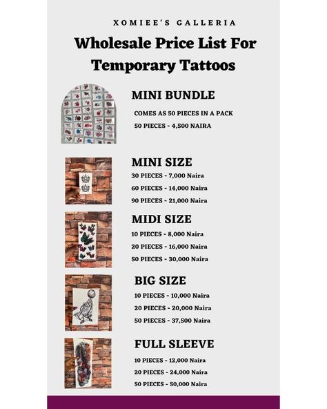 Updated wholesale price list for temporary and semi permanent tattoo stickers Kindly swipe to read our wholesale policy Semi Permanent Tattoo, Permanent Tattoo, Semi Permanent, Tattoo Stickers, Price List, Temporary Tattoos, Full Sleeve, Quick Saves