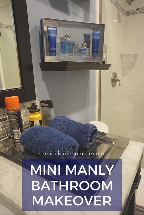 Mini Manly Bathroom Makeover, Nautical, Blue #NauticaforDad #ad Manly Bathroom Decor, Mens Bathroom Ideas Decor, Men’s Bathroom Ideas, Men’s Bathroom, Male Bathroom Ideas Decor, Boys Bathroom Ideas Teenagers, Mens Bathroom Ideas, Manly Bathroom