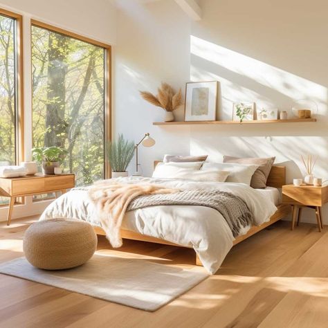 Natural Elements and Minimalism in Scandinavian Bedroom Decor • 333+ Art Images Boho Minimal Bedroom, Japanese Scandinavian Interior, Bedroom Decor For Couples Romantic, Japanese Bedroom Design, Scandinavian Bedroom Decor, Serene Design, Zen Living, Japanese Bedroom, Scandinavian Design Bedroom