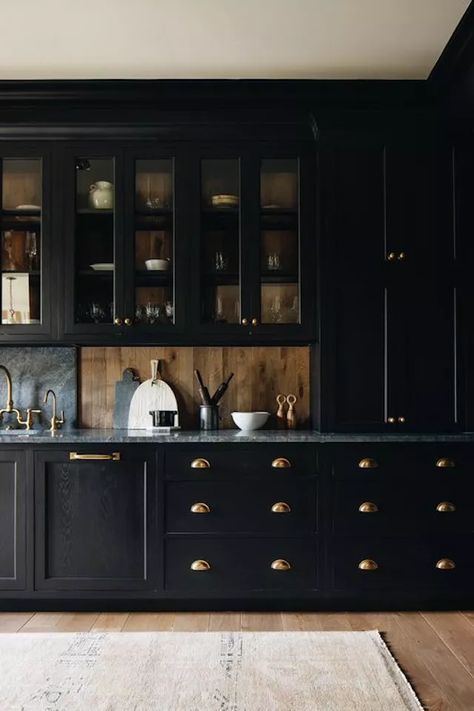 Butlers Pantry Ideas, Moody Kitchen, Kate Marker Interiors, Shingle Style Homes, Black Countertops, Black Kitchen Cabinets, Dark Kitchen, White Backsplash, Butlers Pantry