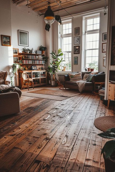 Wooden Floor Decor Living Rooms, Cosy Country Home, Hipster House Decor, Clean Living Room Design, Boho Flooring, Wooden Floor Living Room, Home Astethic, Earthy Boho Living Room, Open Concept Apartment