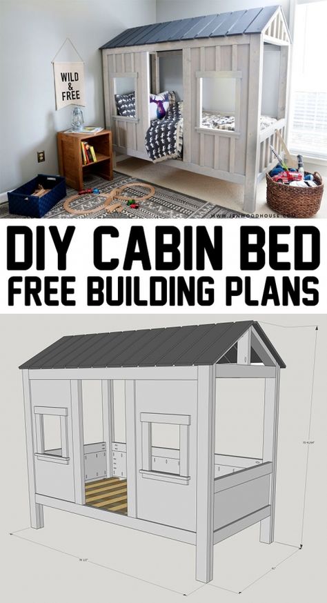 How to build a DIY cabin bed Diy Cabin Bed, Free Building Plans, Diy Cabin, Restoration Hardware Inspired, Cabin Bed, Bed Plans, Toddler Bedrooms, Big Boy Room, Boy Bedroom