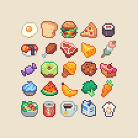 Pixel Food, Pixel Art Food, Pixel Icons, Pixel Art Ideas, Pixel Beads, Pixel Characters, Pixel Art Tutorial, Pixel Game, 8bit Art