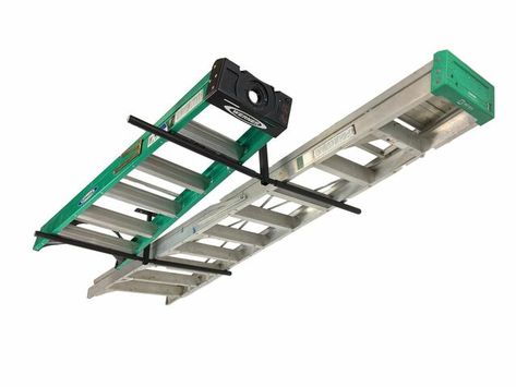 Tool Racks | Home and Garage Storage for Lawn and Landscaping Tools, Shovels, Cords and Rakes | StoreYourBoard Ladder Ceiling, Ceiling Storage Rack, Best Ladder, Plan Garage, Overhead Garage Storage, Garage Storage Racks, Ladder Storage, Overhead Garage, Garage Storage Solutions