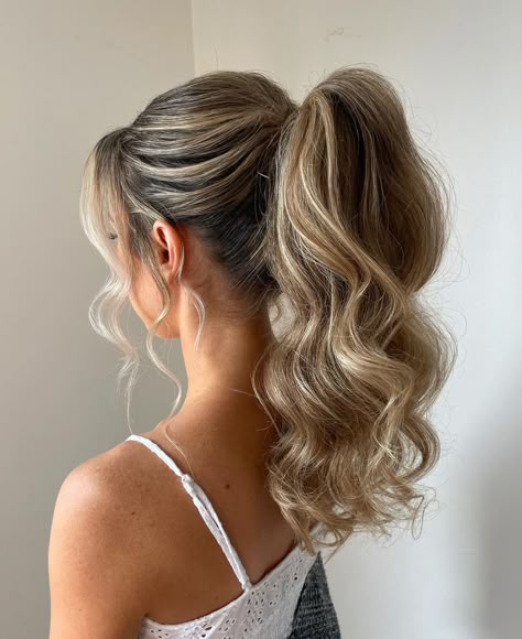 Cute Updo For Bridesmaid, Hoco Hair Inspo Ponytail, Buns For Homecoming, Bridal Shower Hair Ponytail, Birthday Hairstyles Blonde Hair, Cute Ball Hairstyles, Formal Hairstyles For Long Hair Blonde, Mid Pony Prom Hairstyles, Partly Up Hairstyles