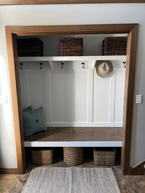 Entry Closet Mudroom, Closet Turned Into Mudroom, Closet To Mudroom Convert, Hallway Closet Makeover, Mud Closet, Entry Closet Makeover, Entry Closet Ideas, Entryway Closet Makeover, Entryway Nook