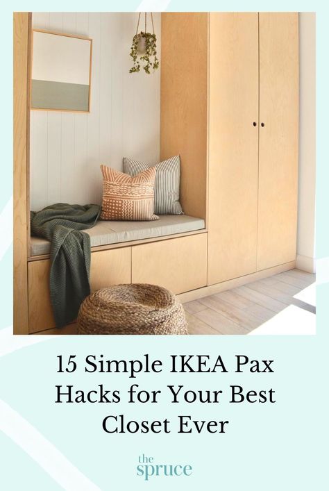 DIY dream closet! The IKEA Pax closet system offers endless DIY'ing opportunities to transform it. Keep reading for the best IKEA Pax hacks to inspire your own space.  #ikeahacks #ikeadecorideas #apartmentdecor #apartmentdecoratingonabudget  #smallspacedecorating #thespruce Ikea Hidden Closet, Ikea Pax Reinsvoll Beige, Ikea Bedroom Hacks Small Spaces, Coat Closet Bench, Ikea Pax Coat Closet, Ikea Pax Door Diy, Pax Bootroom, Ikea Entryway Closet Ideas, Ikea Pax Japandi