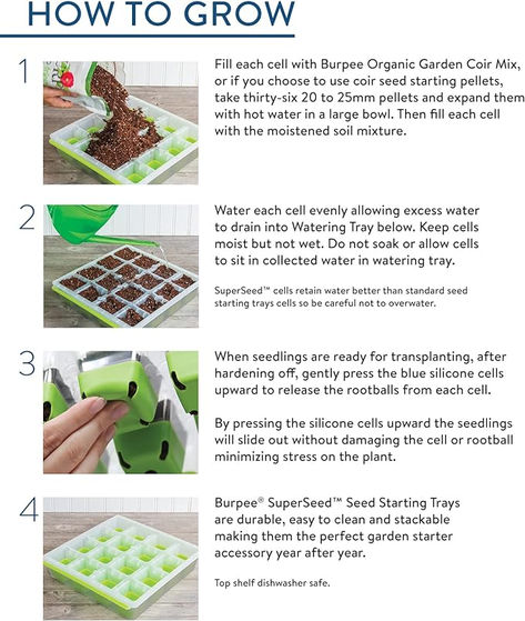 EASIER SEED STARTING: Our Burpee SuperSeed tray with 36 flexible pop-out cells is designed to simplify indoor seed starting for all your favorite vegetables, flowers and herbs. Just add seed starting mix, seeds, water and light to get growing! Rows are labeled alphanumerically for seedling identification with included Plant-o-Gram diagram. Tray dimensions: 11.5" x 10-3/8" x 2-1/4"
SMARTER WATERING SYSTEM: Molded corner slots in each cell improve drainage and soil Indoor Seed Starting, Indoor Grow, Seed Starting Mix, Watering System, Plant Seedlings, Seed Starter, Grow Kit, Herb Seeds, Growing Indoors