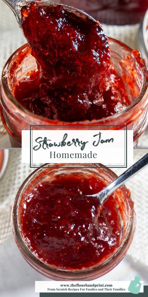 Homemade strawberry jam canning is a great way to preserve summer strawberries or use up the big bags of frozen strawberries in your freezer. Easy strawberry jam recipes like this one use just 3 ingredients to create a sweet, fruity strawberry jam with pectin that has a consistent, spreadable texture. Canning strawberry jam is easy when you follow the proper steps and take your time and it’s a great way to preserve strawberries long after summer has passed. Shelf Stable Strawberry Jam, Strawberry Recipes For Canning, Jam Recipes Homemade For Canning, Different Types Of Jams, Canning Strawberry Jam With Pectin, Strawberry Preserves Recipe Canning, Strawberry Jam Frozen Strawberries, Spicy Strawberry Jam, Strawberry Jam Recipe Canning No Pectin