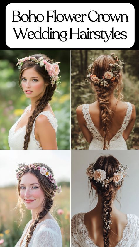 Bride with a boho flower crown wedding hairstyle, featuring floral hair accessories and braids. Hairstyles For Ball, Boho Bridal Hairstyles, Romantic Wedding Hairstyles, Wedding Hairstyles With Flowers, Hairstyles Work, Garden Princess, Hairstyles With Flowers, Wedding Hair Trends, Floral Hair Accessories