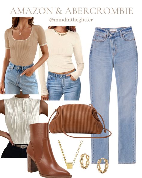 Beige tops with jeans, brown booties and brown purse, gold earrings and necklace Beige Top Blue Jeans Outfit, Beige Top And Jeans Outfit, Skirt And Heels Outfit, Beige Top Outfit, Black Pants Outfits, Outfit Ideas Beige, Outfits Beige, Blue Jeans Outfit, Outfit Jean