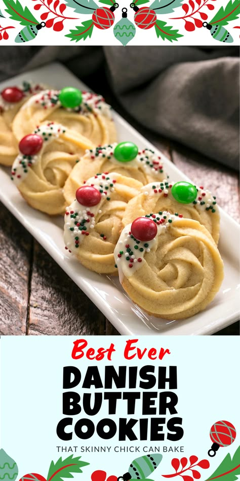 Danish Butter Cookies - Sweet, buttery swirled cookies that can be decked out for any holiday by dipping in chocolate and adding festive sprinkles. A copycat of the iconic Royal Dansk cookies that come in the blue tin!! Traditional Shortbread Recipe, Copycat Cookies, Danish Cookies, Christmas Cookie Recipes Holiday, Danish Butter Cookies, Shortbread Recipe, Christmas Baking Recipes, Best Christmas Recipes, Butter Cookies Recipe