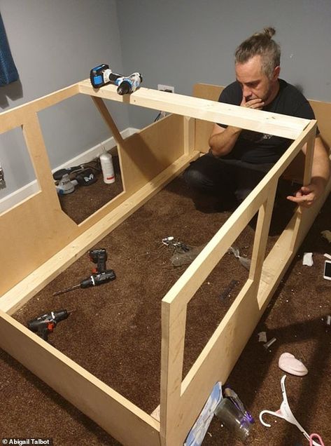 Parents build Jeep bed for son with scrap parts for £200 | Daily Mail Online Jeep Bed, Built Jeep, Bed On The Floor, Diy Jeep, Diy Kids Furniture, Car Bed, Bed Dimensions, Floor Bed, Diy Bed