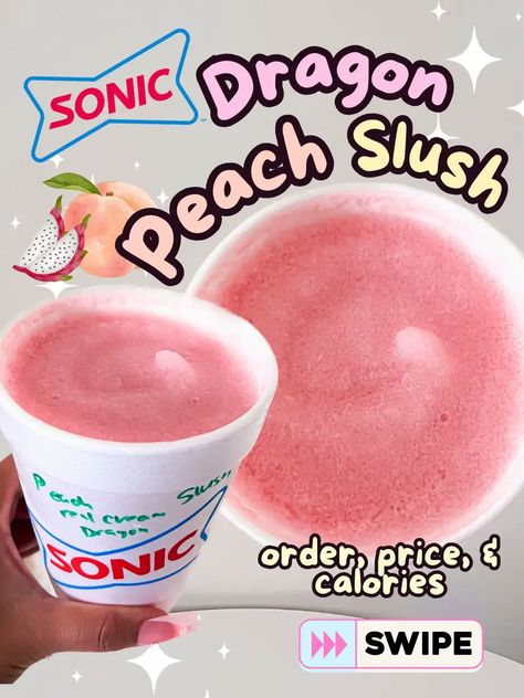 Cool off this summer with Sonic's Dragon Peach Slush! 🍑🐉 This delightful drink features a refreshing peach slush, creamy goodnes Secret Menu Sonic Drinks, Secret Sonic Drinks, Sonic Slush Combinations, Best Sonic Drinks, Sonic Secret Menu Drinks, Peach Slush, Soda Drinks Recipes, Sonic Drinks, Dutch Bros Drinks