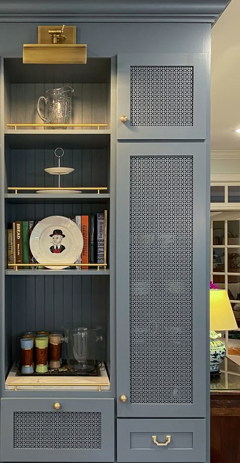 metal mesh cabinet doors Metal Mesh Cabinet Doors, 90s Kitchen Update, Metal Mesh Cabinet, Mesh Cabinet Doors, Mesh Cabinet, Doors Blue, Kitchen Desk Areas, Cabinet Door Ideas, 90s Kitchen