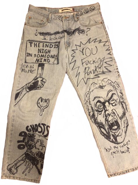 Bleached Pants Diy, Words On Pants, Graffiti Clothes Diy, Screen Printed Jeans, Drawn On Jeans, Art On Jeans, Stitched Pants, Y2k Designs, Hand Painted Jeans