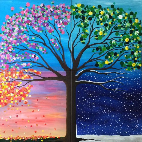 4 Piece Painting Ideas, All Seasons Painting, Painting Four Seasons, Four Seasons Acrylic Painting, Tree Seasons Craft, Spring Summer Fall Winter Painting, Acrylic Painting Seasons, Winter Spring Summer Fall Art, Summer Winter Autumn Spring Four Seasons