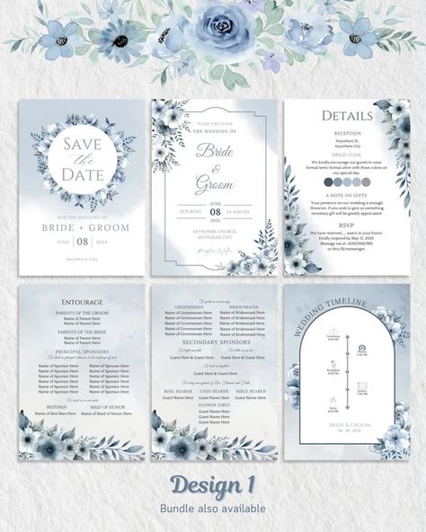 Tying the knot? 💍 Celebrate your love story with our dusty blue invitation. Purchase our Dusty Blue Wedding Invitation Template today and add more elegance to your special day! ✨ Pages Include: -Save the Date -Front (Invitation) -Entourage -Details -Wedding Timeline Bundle also available. Includes: -Invitation template (6 pages) -Proposal Card Template for Bridesmaid, Groomsmen, Principal Sponsors, maid of Honor, Best Man -Table Numbers -Money envelope (2 designs) -Thank you tags (3designs... 3 Page Wedding Invitation, Wedding Invitation Bridesmaid, Sample Of Wedding Invitation Cards, Entourage Proposal Card, Sample Invitation Wedding, Invitation For Wedding Design, Dusty Blue Wedding Invitations Template, Wedding Invitation Entourage, Dusty Blue Invitations Wedding